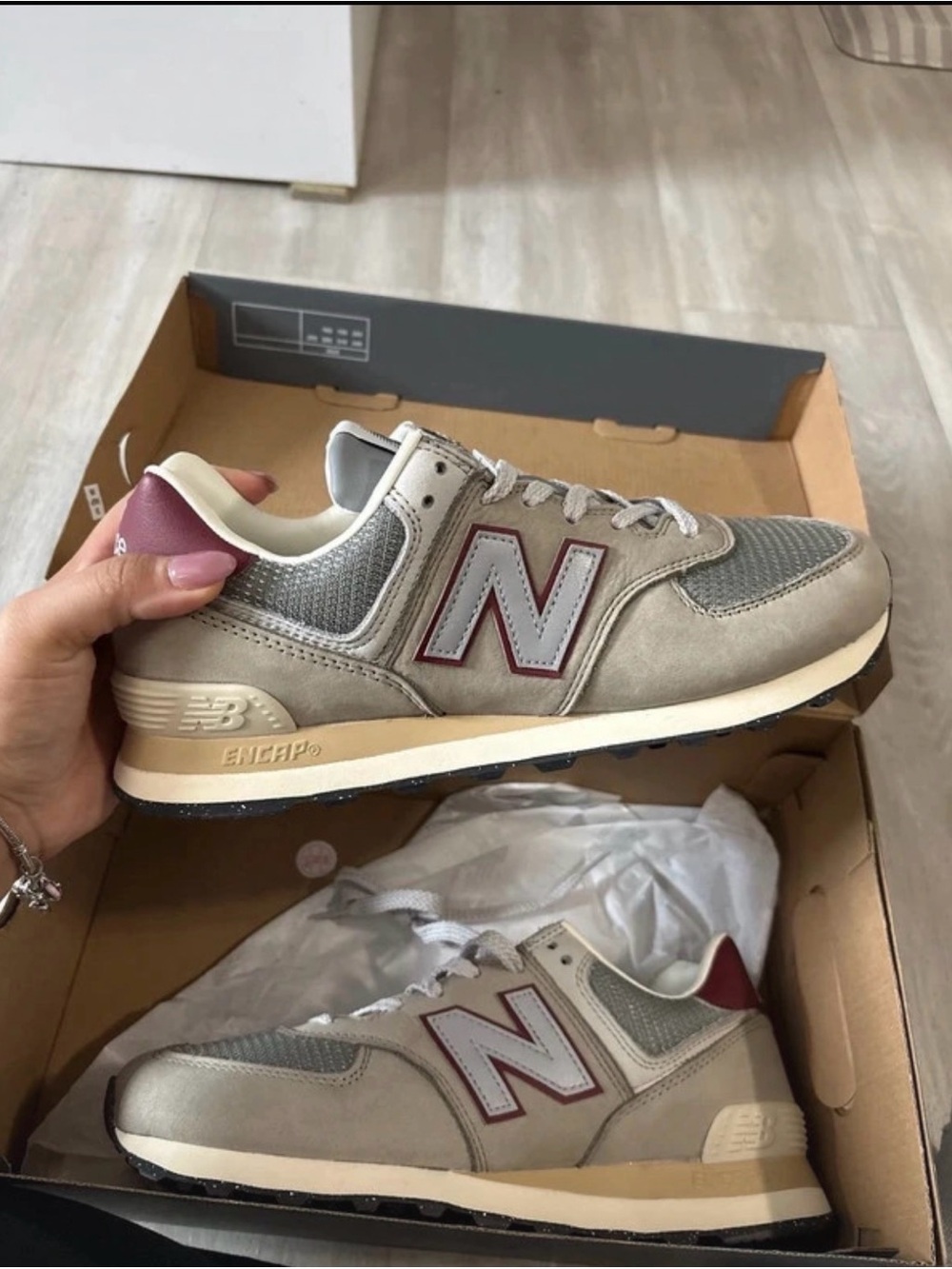 New Balance Beige with Burgundy Accent Retro Sneaker